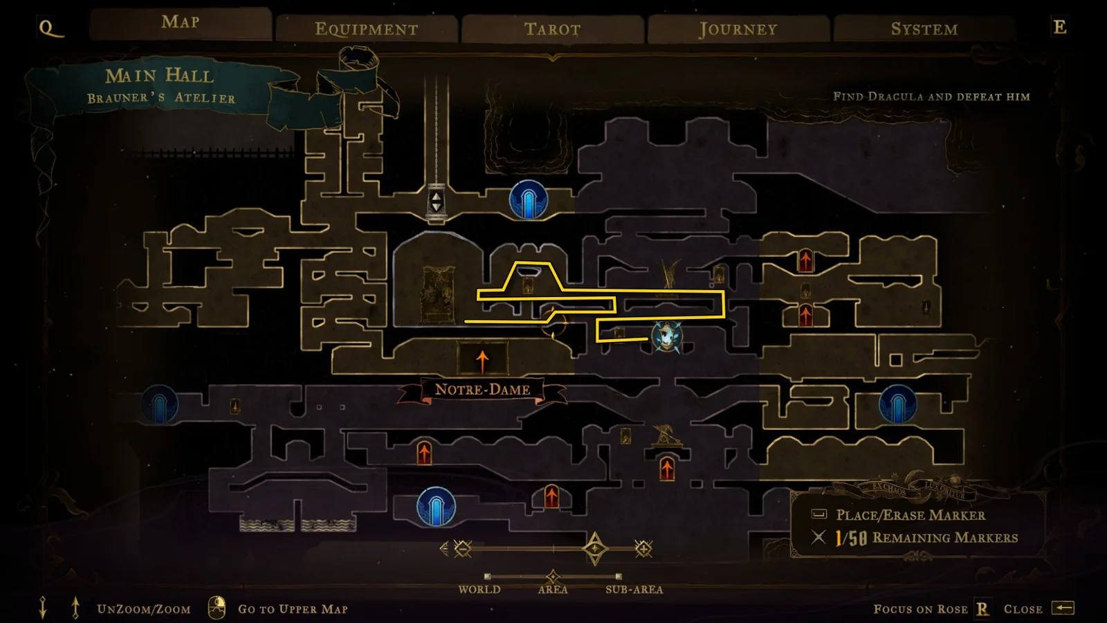 An annotated map showing pathways through the Main Hall of Castlevania: Belmont's Curse.