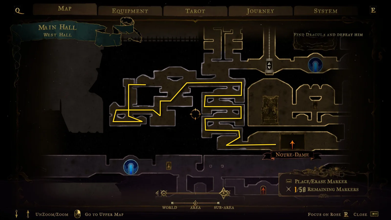 An annotated map showing pathways through the Main Hall of Castlevania: Belmont's Curse.