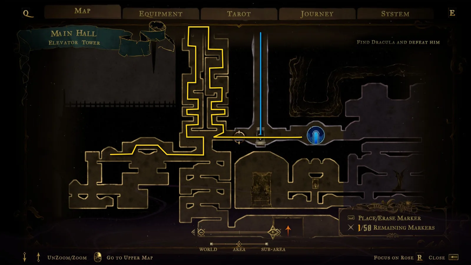 An annotated map showing pathways through the Main Hall of Castlevania: Belmont's Curse.