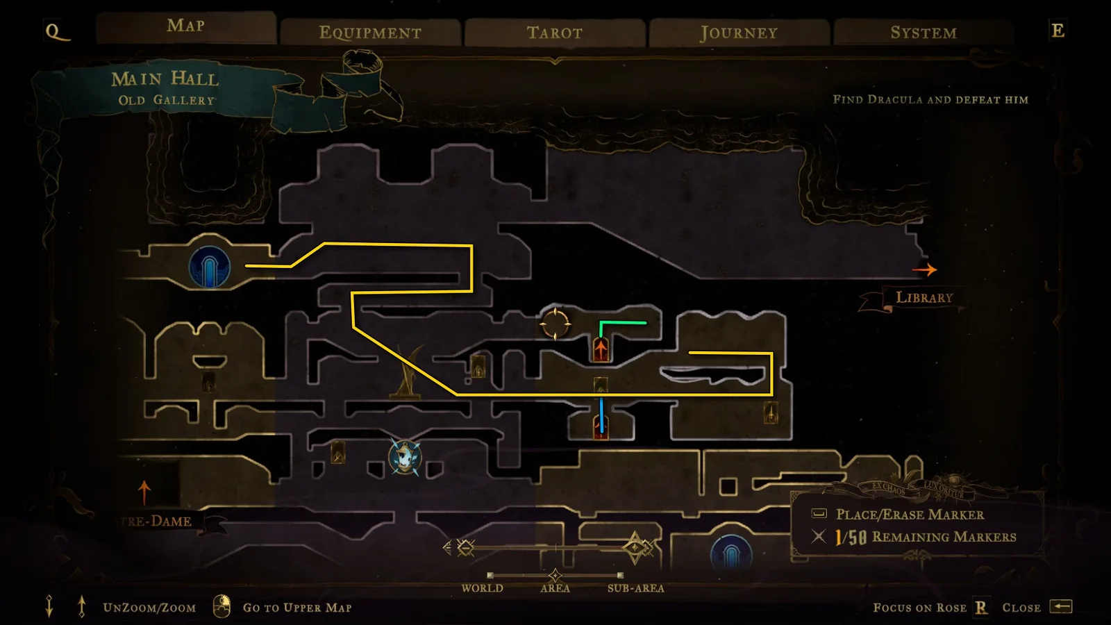 An annotated map showing pathways through the Main Hall of Castlevania: Belmont's Curse.