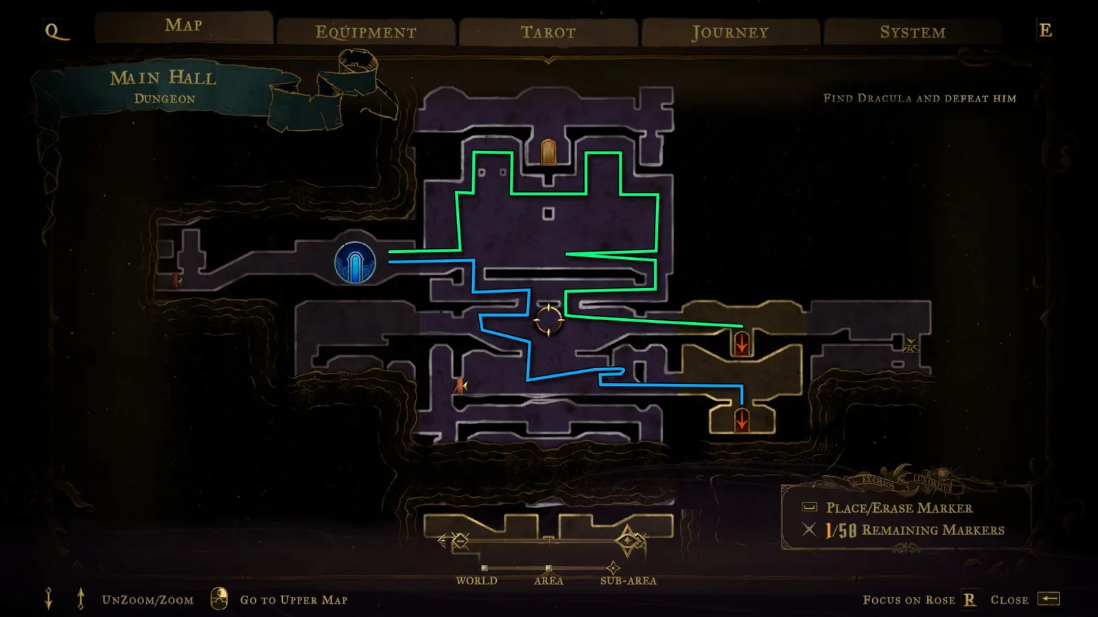 An annotated map showing pathways through the Main Hall of Castlevania: Belmont's Curse.