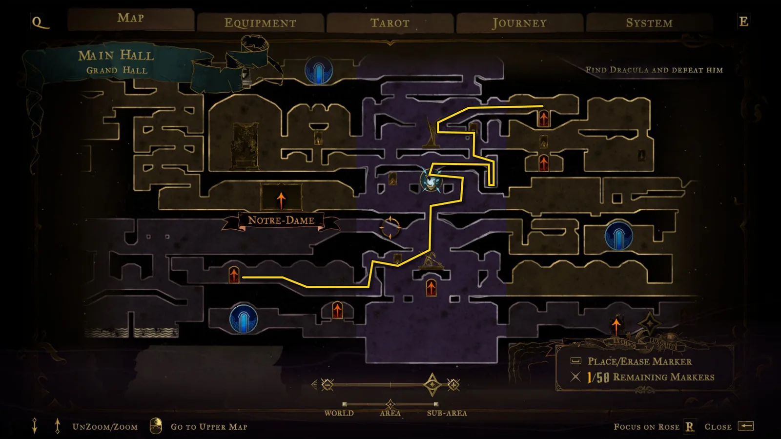 An annotated map showing pathways through the Main Hall of Castlevania: Belmont's Curse.