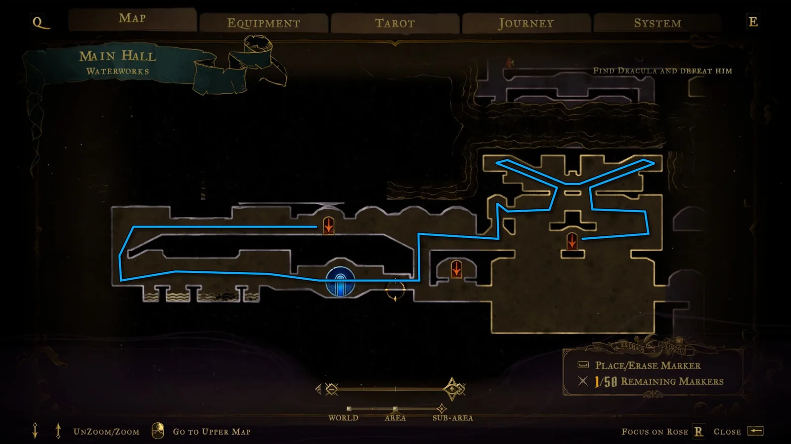 An annotated map showing pathways through the Main Hall of Castlevania: Belmont's Curse.