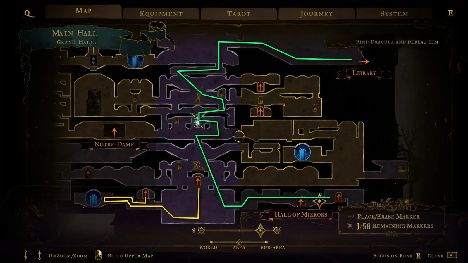 An annotated map showing pathways through the Main Hall of Castlevania: Belmont's Curse.