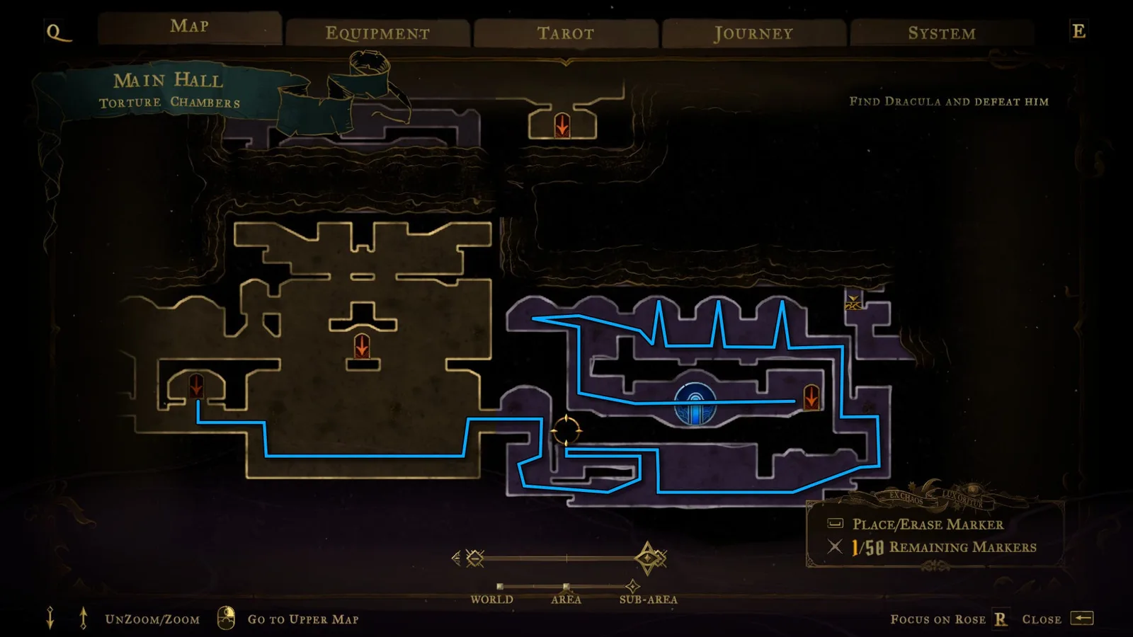 An annotated map showing pathways through the Main Hall of Castlevania: Belmont's Curse.
