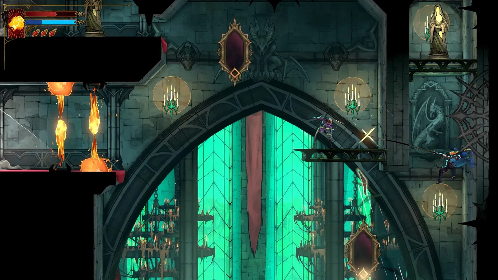 Rose navigates the Main Hall and jumps up to reach a Virgin Mary Statue to her right in Castlevania: Belmont's Curse.
