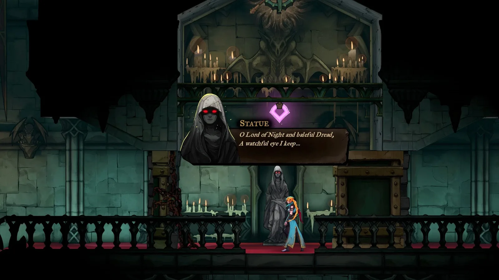 A Seer Statue delivers a spooky message to Rose in Castlevania: Belmont's Curse.