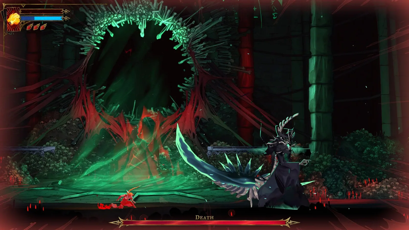 A weakened Rose Belmont kneels on the ground after suffering a scythe attack from Death in the Catacombs of Castlevania: Belmont's Curse.
