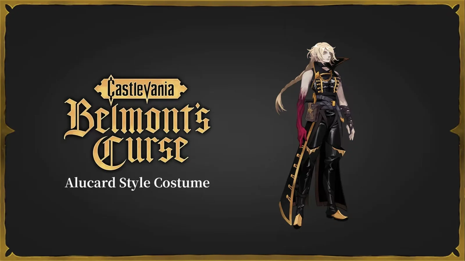 A promotional image for the pre-order of Castlevania: Belmont's Curse, showing the Alucard costume available for Rose Belmont.