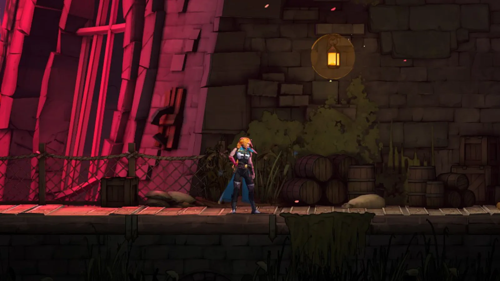 Rose's default costume in Castlevania: Belmont's Curse, featuring ginger hair, a white shirt and turquoise overcoat, black trousers, and black boots.