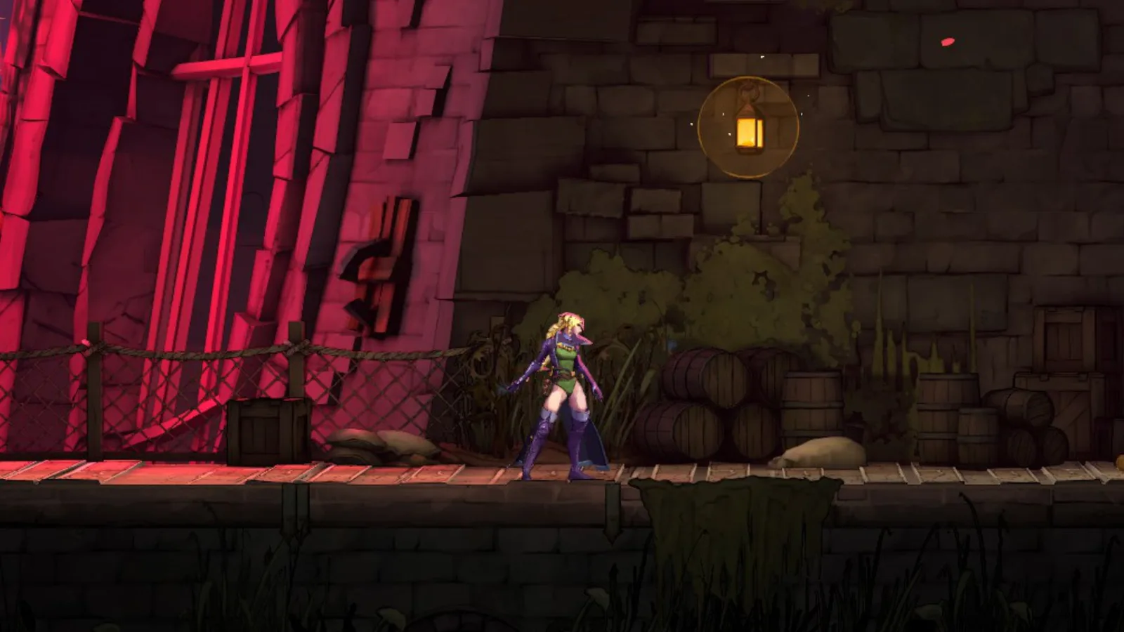 Rose's Sonia Belmont costume in Castlevania: Belmont's Curse, featuring blonde hair, a purple overcoat, a green leotard, and purple boots.