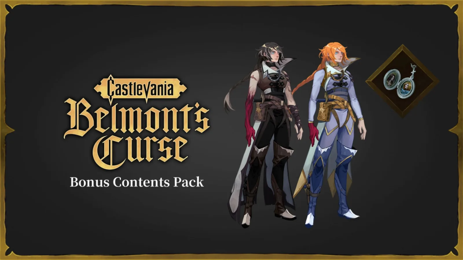 A promotional image for the Midnight Edition of Castlevania: Belmont's Curse, showing the Trevor and Sypha costumes available for Rose Belmont.