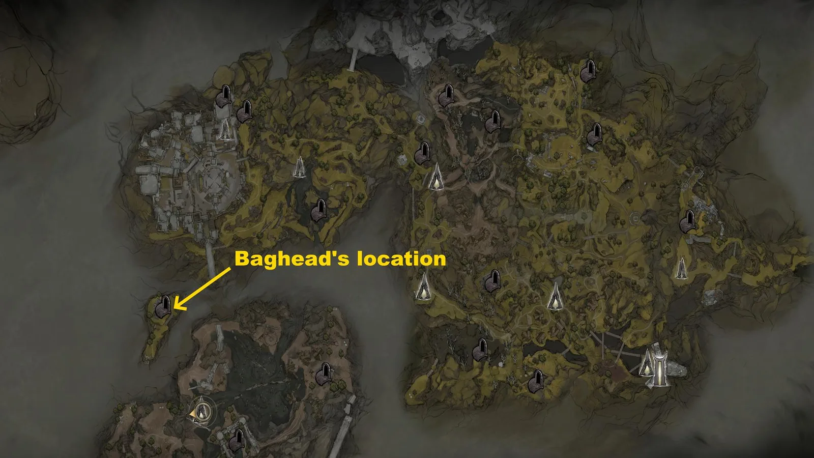 A map of Mortal Shell 2, with a yellow arrow pointing to the location of Baghead.