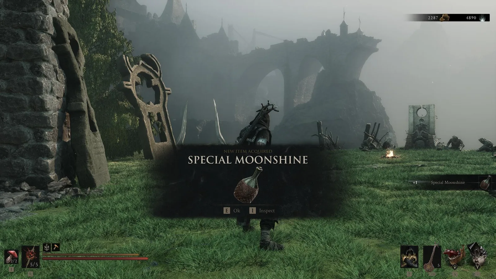 Obtaining the Special Moonshine item in front of Baghead in Mortal Shell 2.