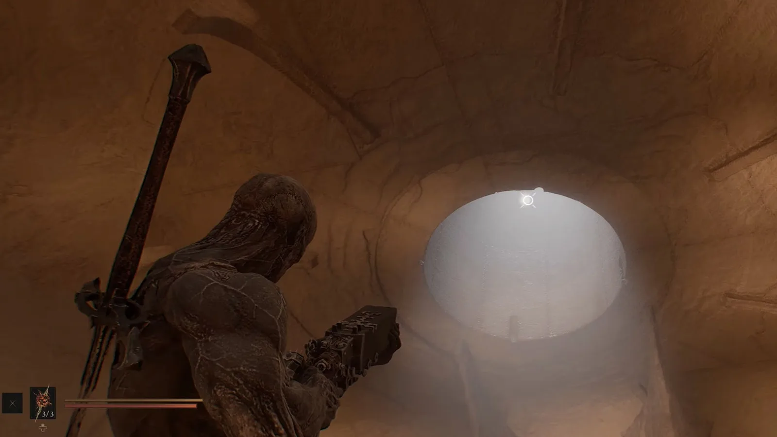 Aiming at the ceiling in the Beacon room of the Marrow Keep in Mortal Shell 2, where the second Trollweed lurks.