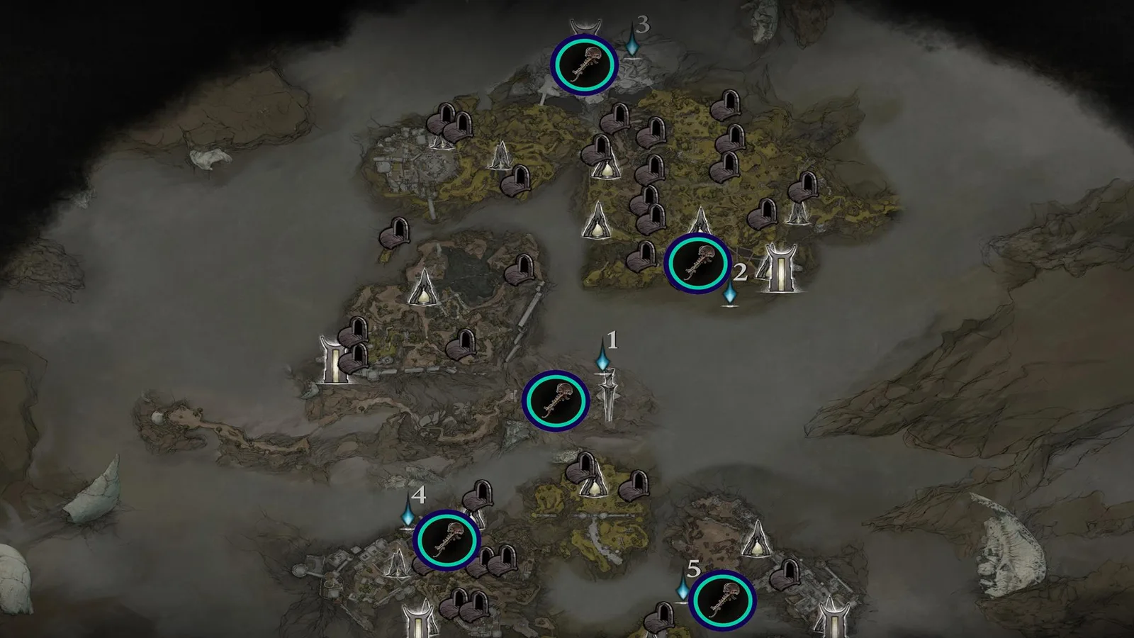 A map showing the locations of Blackmarrow Keys in Mortal Shell 2.