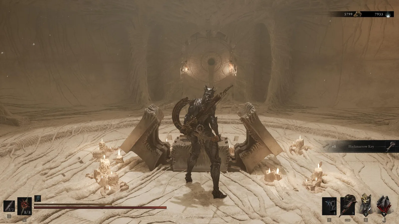 Proxima opens a chest containing a Blackmarrow Key in Mortal Shell 2.