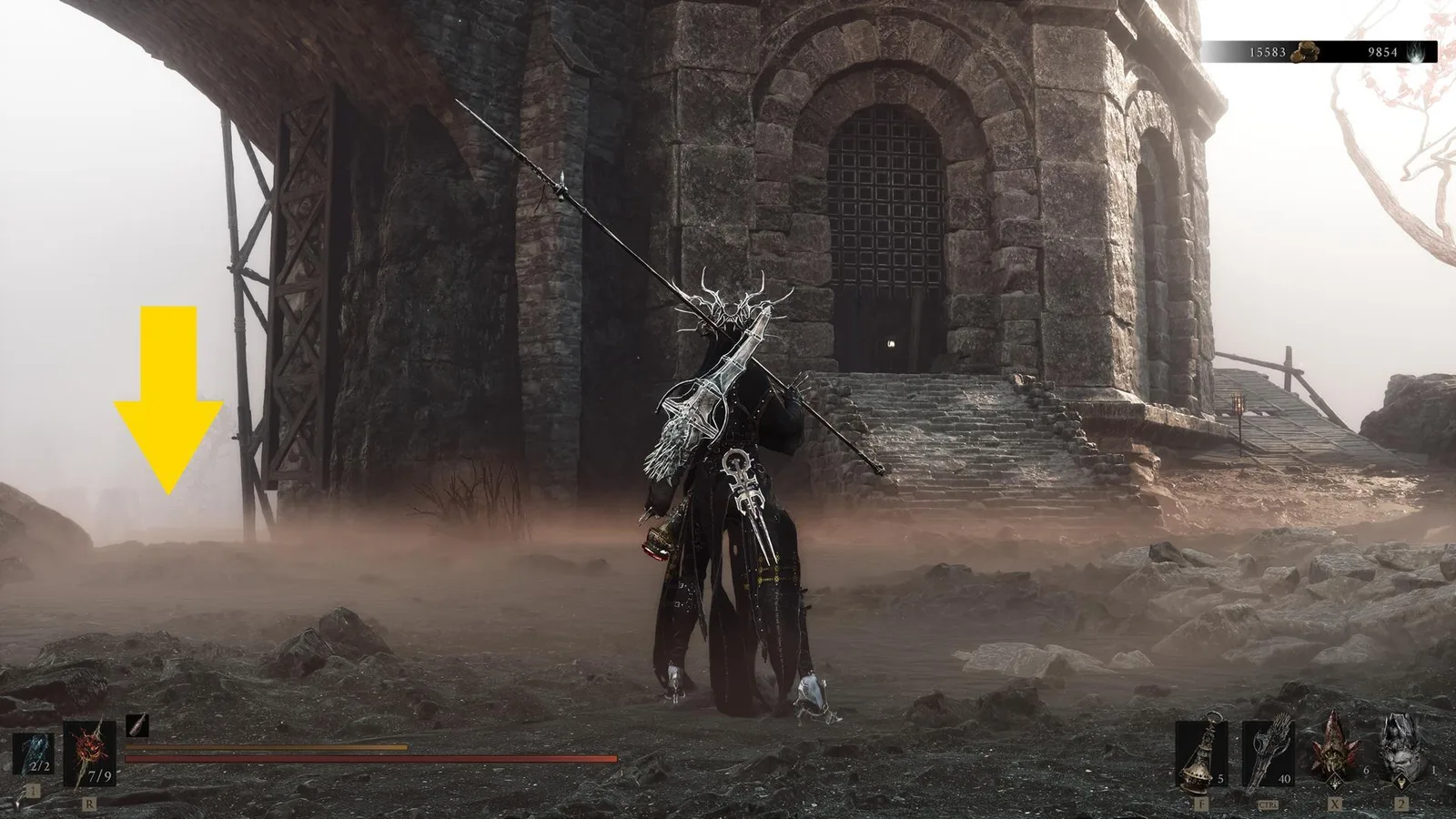 The player looks at a tower, while an arrow points to an area further down below in Mortal Shell 2.