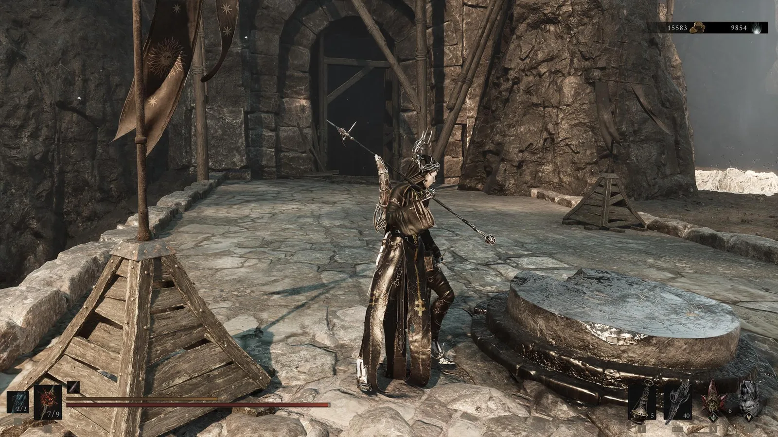The player is right next to a sitting stone, with a dark chamber just beyond in Mortal Shell 2.
