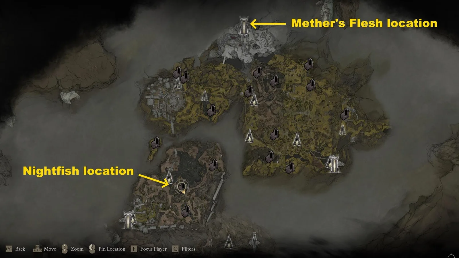 A screenshot from Mortal Shell 2, showing the map location of the Methers Flesh item.