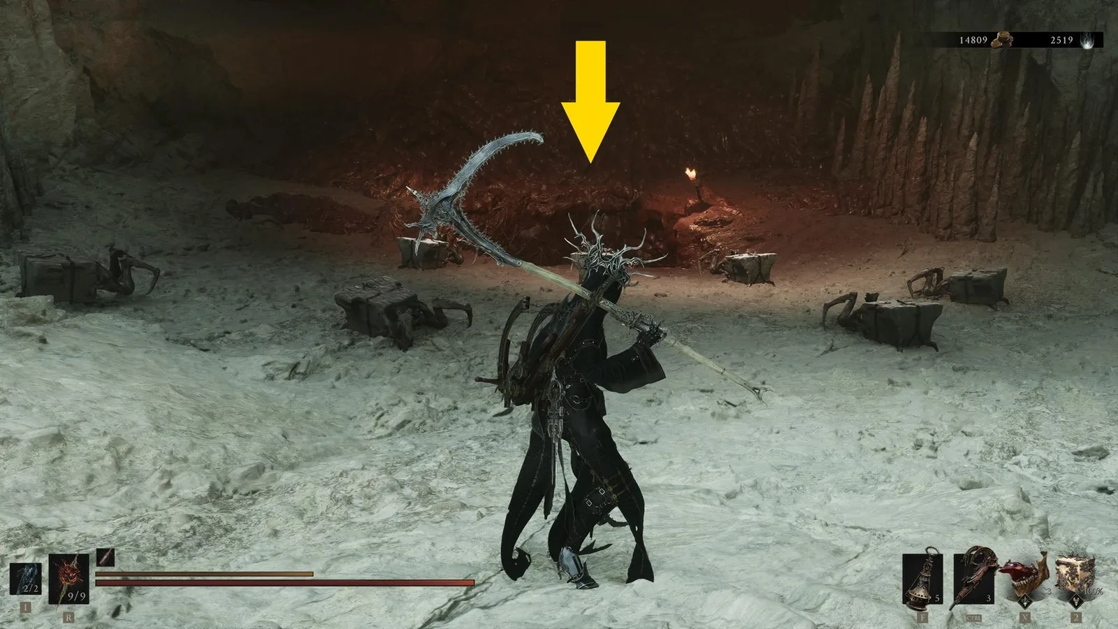 A screenshot from Mortal Shell 2, showing the pit in the Sanguine Caverns.