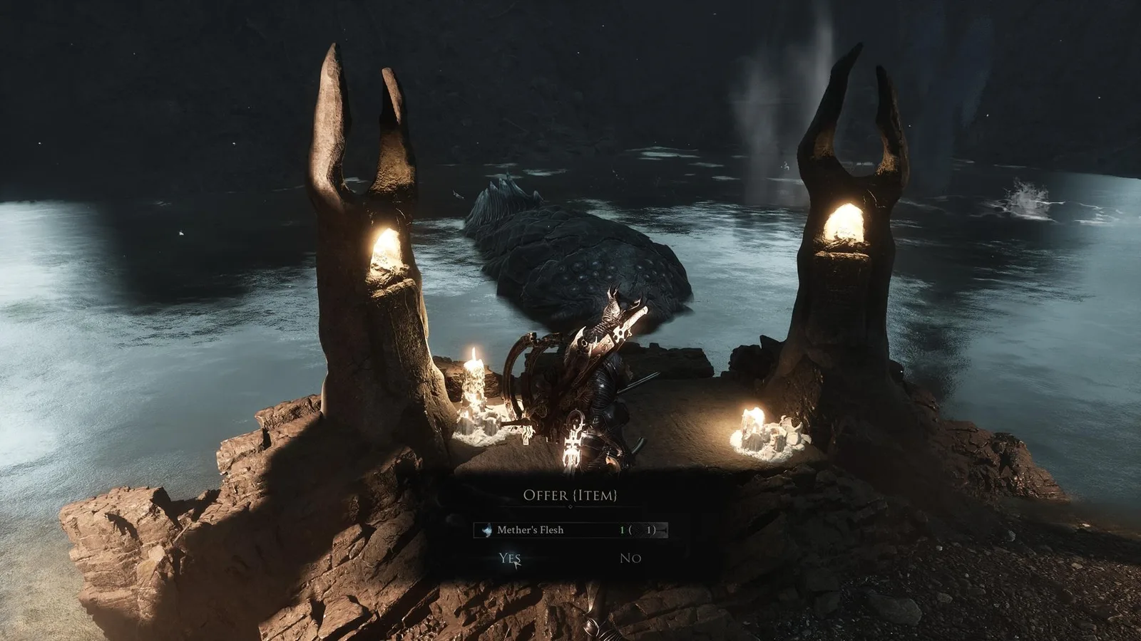 A screenshot from Mortal Shell 2, showing the player giving the Nightfish the Methers Flesh item.