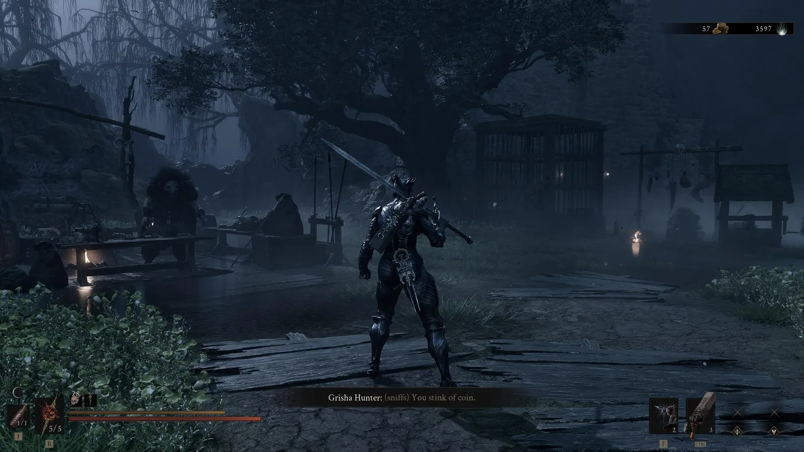 A screenshot from Mortal Shell 2, showing Proxima meeting the merchant.