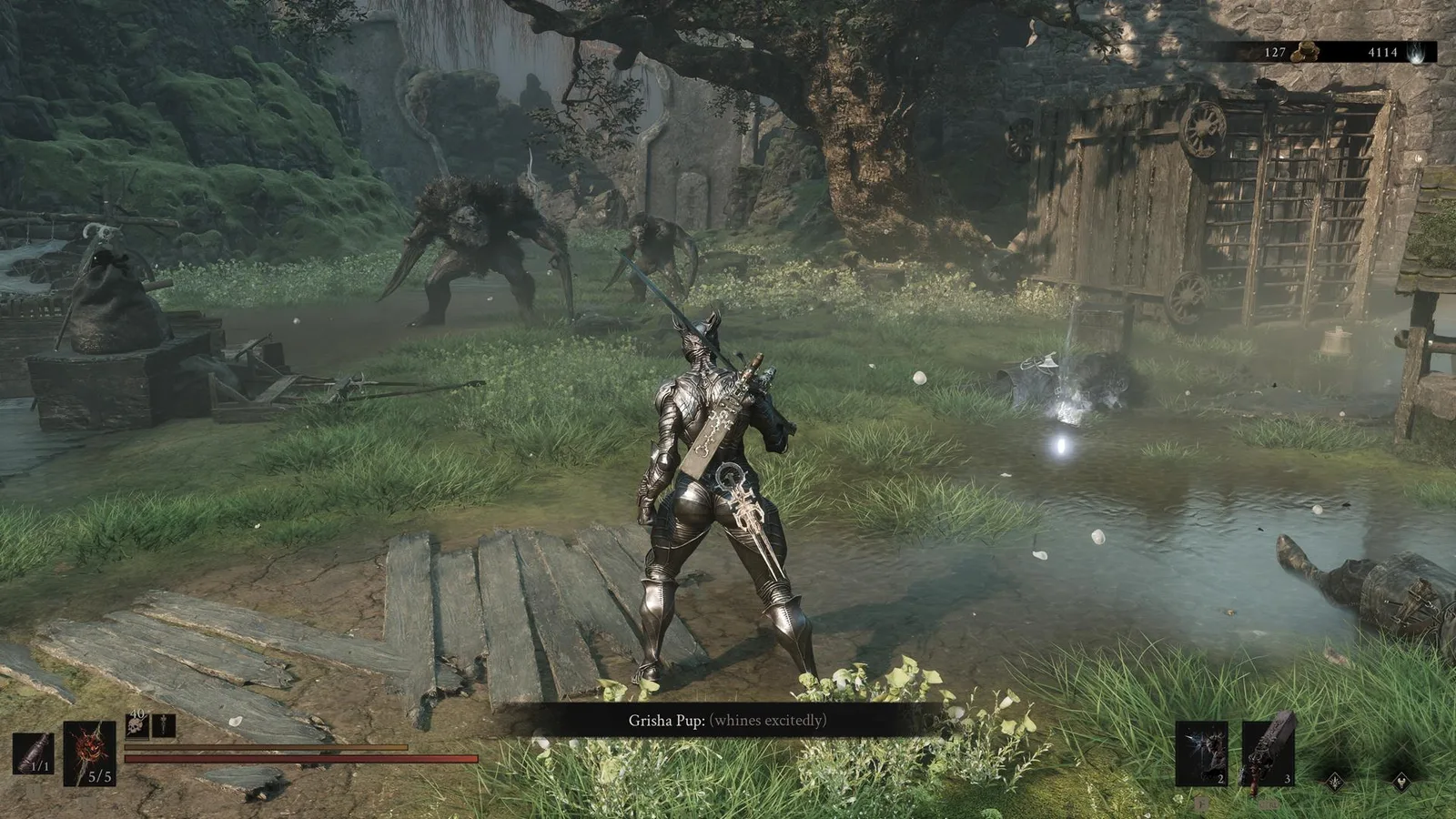 A screenshot from Mortal Shell 2, showing Proxima looking at the Grisha Pup mom.