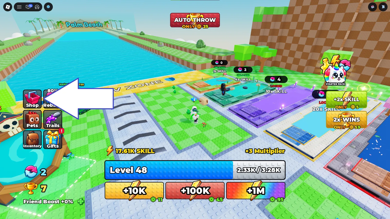 A screenshot of Plus 1 Stone Skipping in Roblox showing the game's shop button.