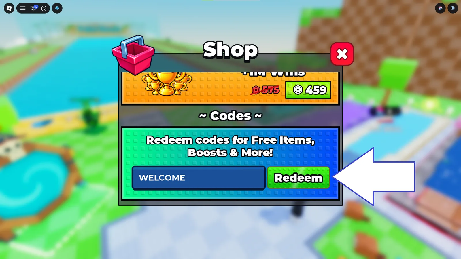 A screenshot of Plus 1 Stone Skipping in Roblox showing the game's codes field.