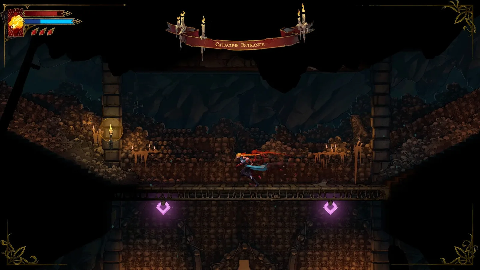 Rose runs through the Catacomb Entrance in Castlevania: Belmont's Curse. The wall behind her is composed of hundreds of skulls.