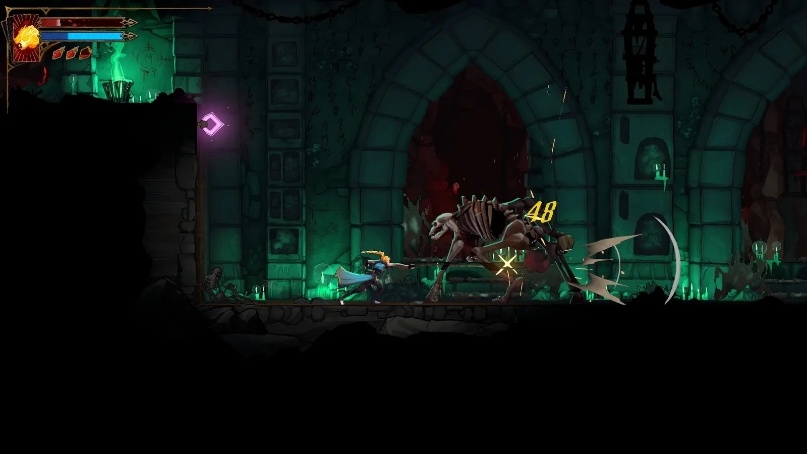 Rose whips a Giant Skeleton in the Catacombs of Paris in Castlevania: Belmont's Curse.