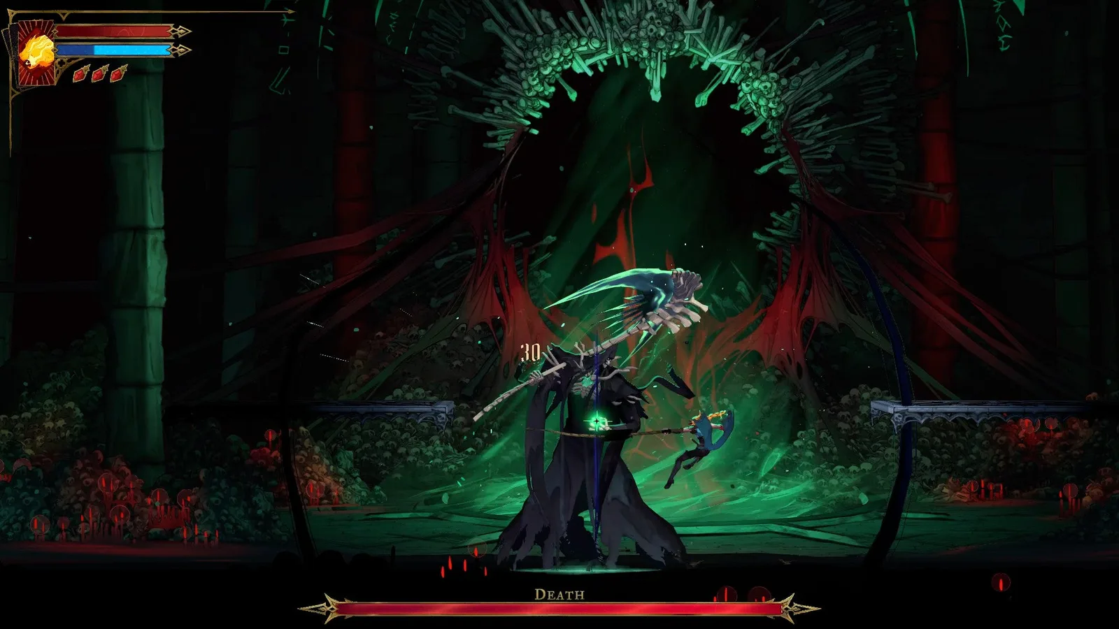 Rose lashes out at Death with her whip during this fight in the Catacombs of Castlevania: Belmont's Curse.