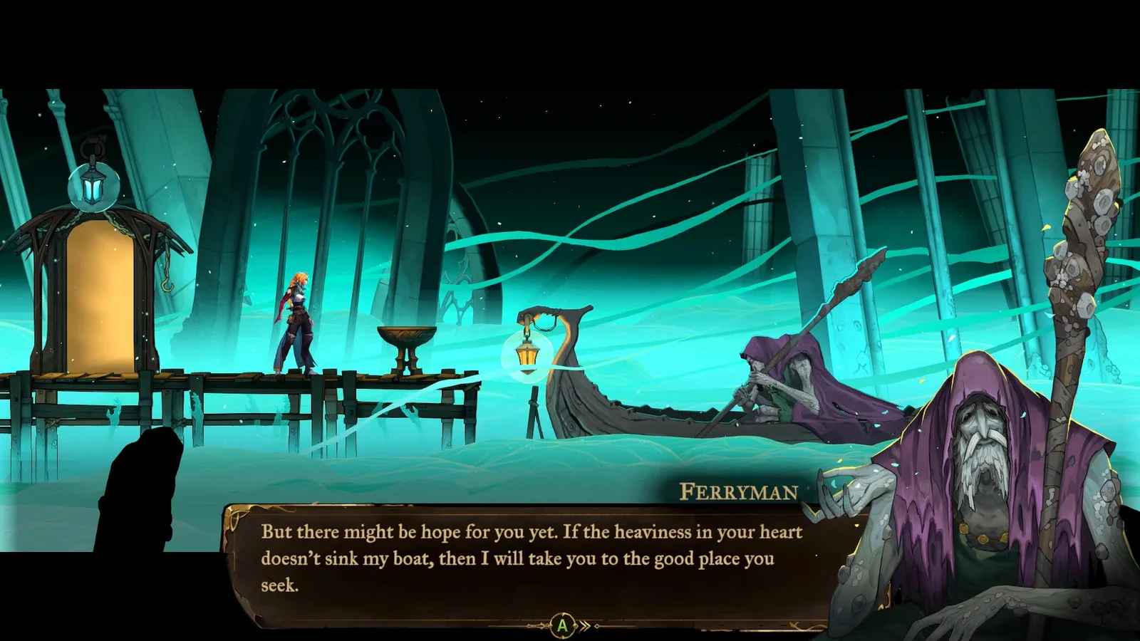 The mysterious Ferryman speaks with Rose in Castlevania: Belmont's Curse.