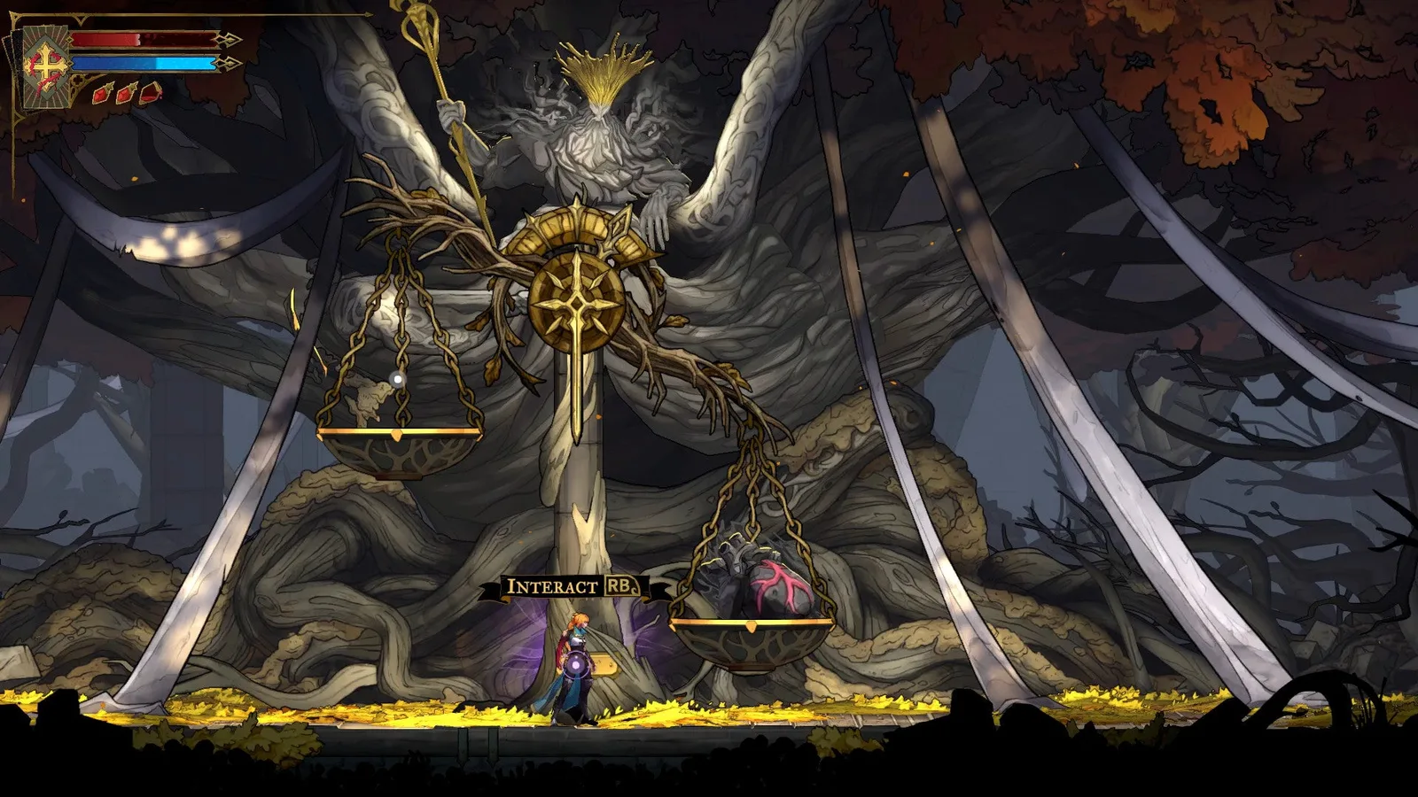 Rose stands before the Scales of Justice in Castlevania: Belmont's Curse. A giant being trapped within a tree is behind her,