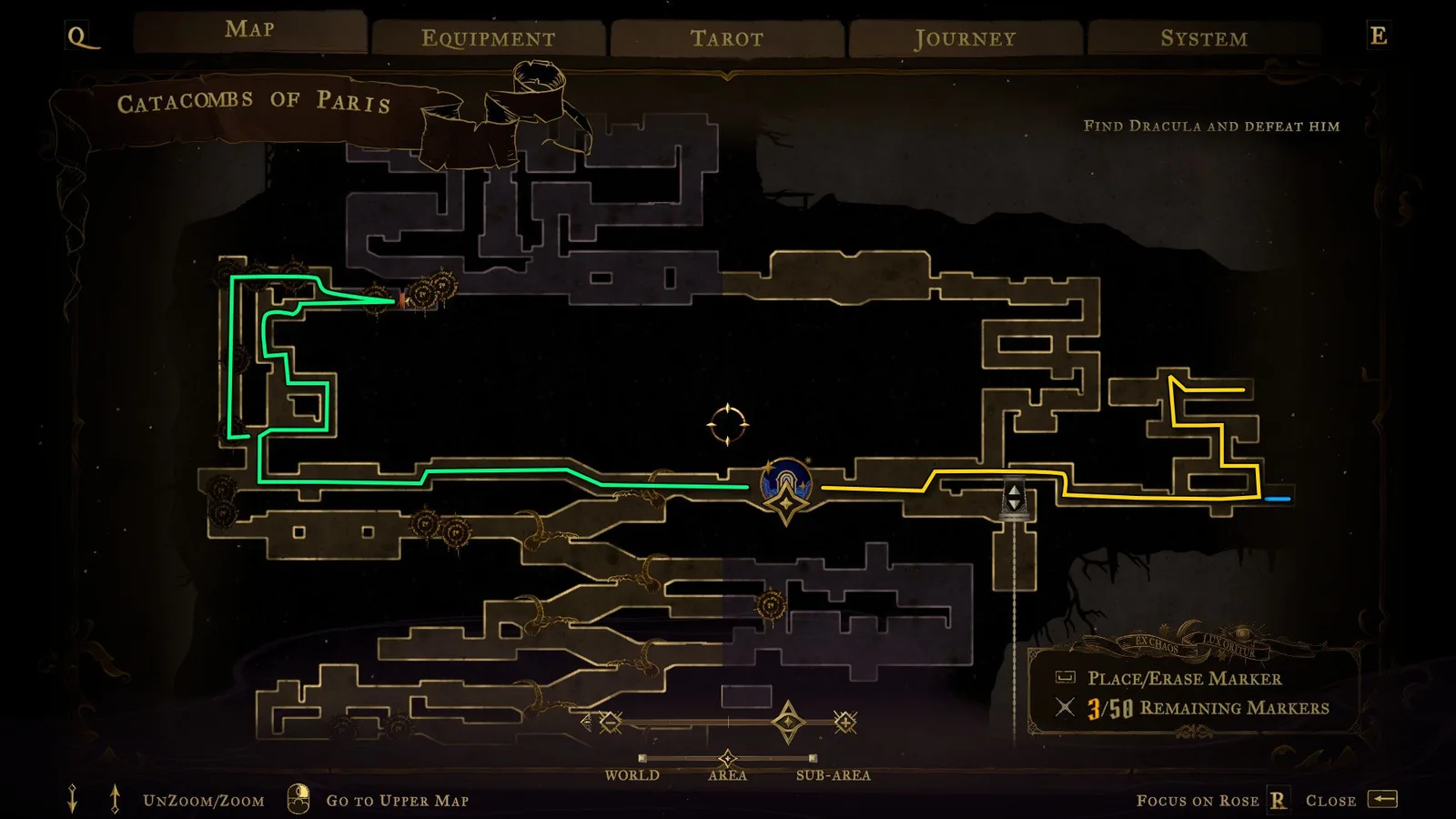 An annotated map showing a route through the Catacombs of Paris in Castlevania: Belmont's Curse.