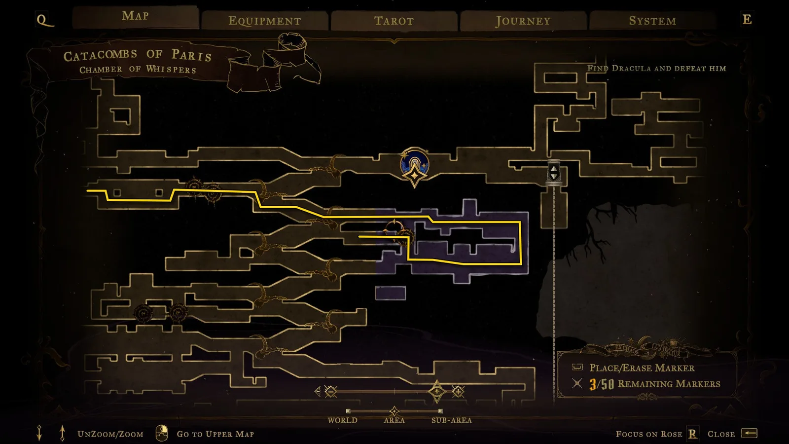 An annotated map showing a route through the Catacombs of Paris in Castlevania: Belmont's Curse.