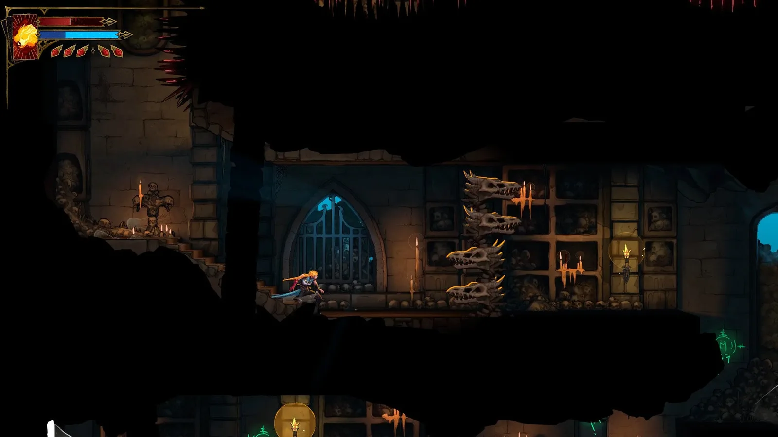 Rose kneels before a Bone Pillar composed of four dragon skulls in Castlevania: Belmont's Curse.