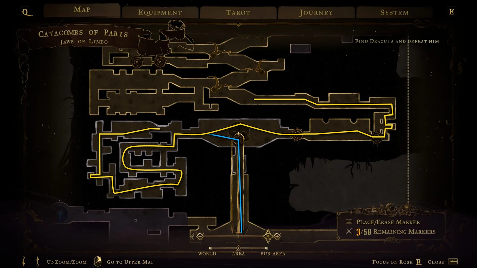 An annotated map showing a route through the Catacombs of Paris in Castlevania: Belmont's Curse.