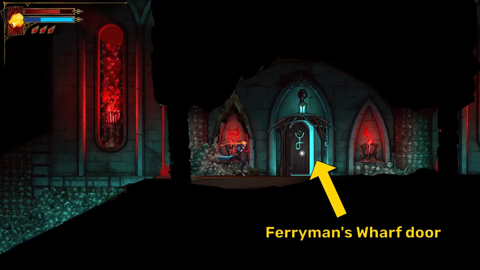 Rose runs towards a glowing blue door with a strange symbol on it in Castlevania: Belmont's Curse. A yellow arrow indicates that this is a Ferryman's Wharf door.