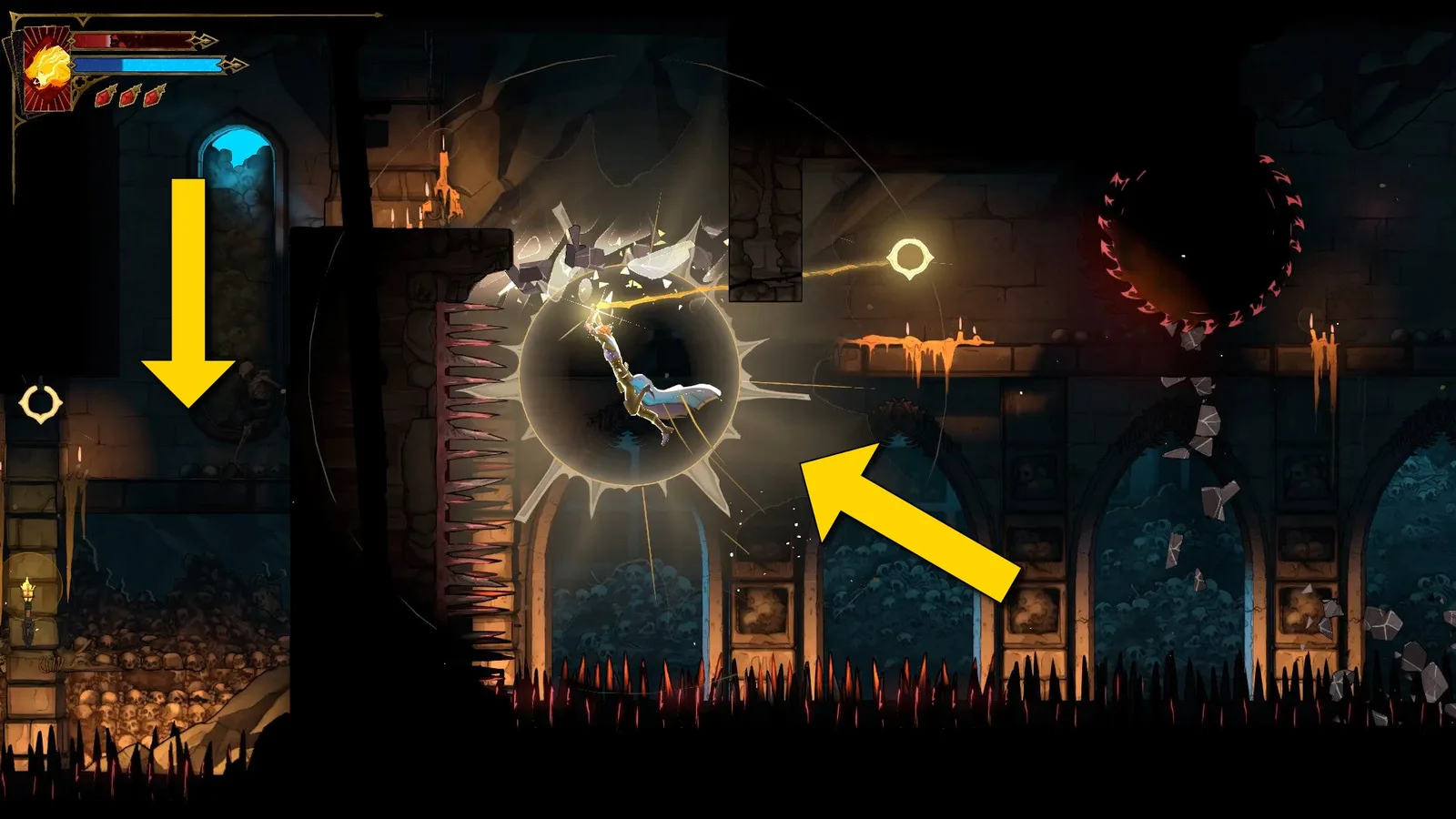 Rose uses Holy Light to swing above spikes and through a Chaos Shard wall in Castlevania: Belmont's Curse. Yellow arrows indicate that she needs to swing to the upper left and then down.