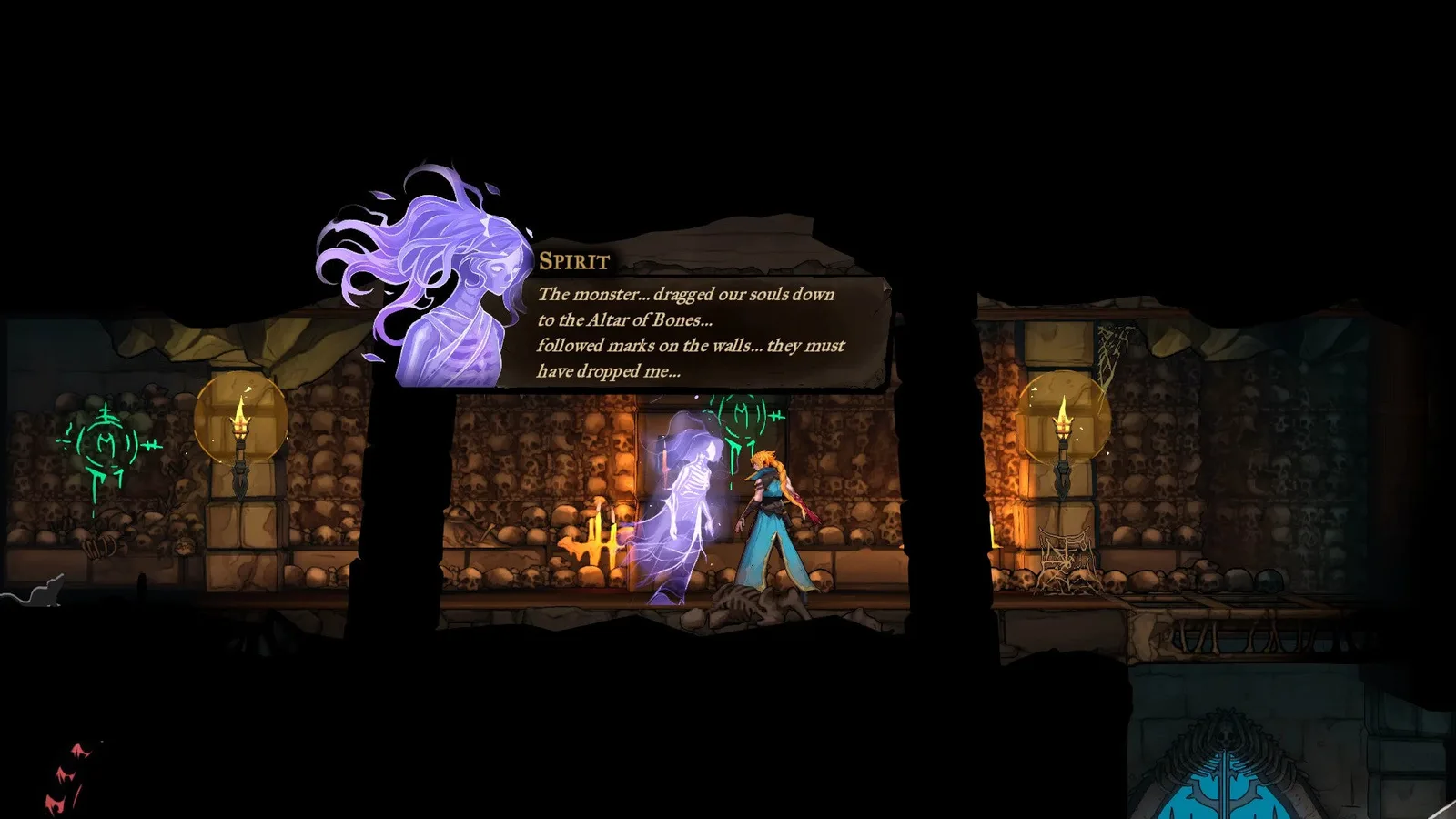 A Spirit tells Rose about the Death Marks in the Catacombs of Paris in Castlevania: Belmont's Curse.
