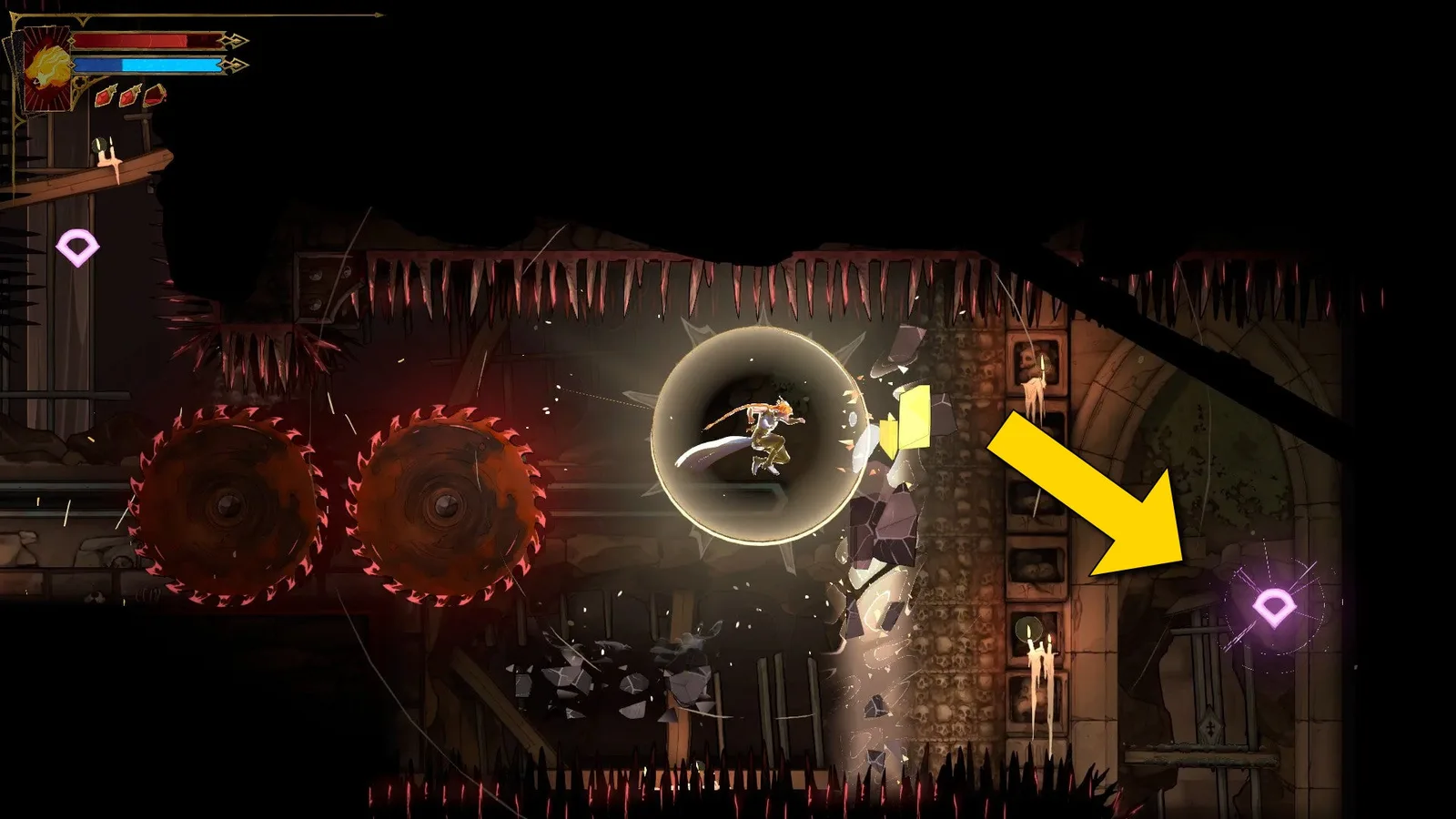Rose jumps over several spikes as two saw blades close in on her in Castlevania: Belmont's Curse. A yellow arrow points towards a nearby Sharpened Anchor.