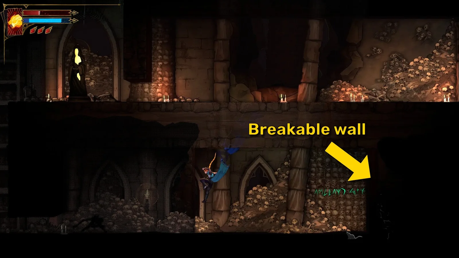 Rose lands from a jump in the Catacombs of Castlevania: Belmont's Curse. A yellow arrow points out a breakable wall nearby.