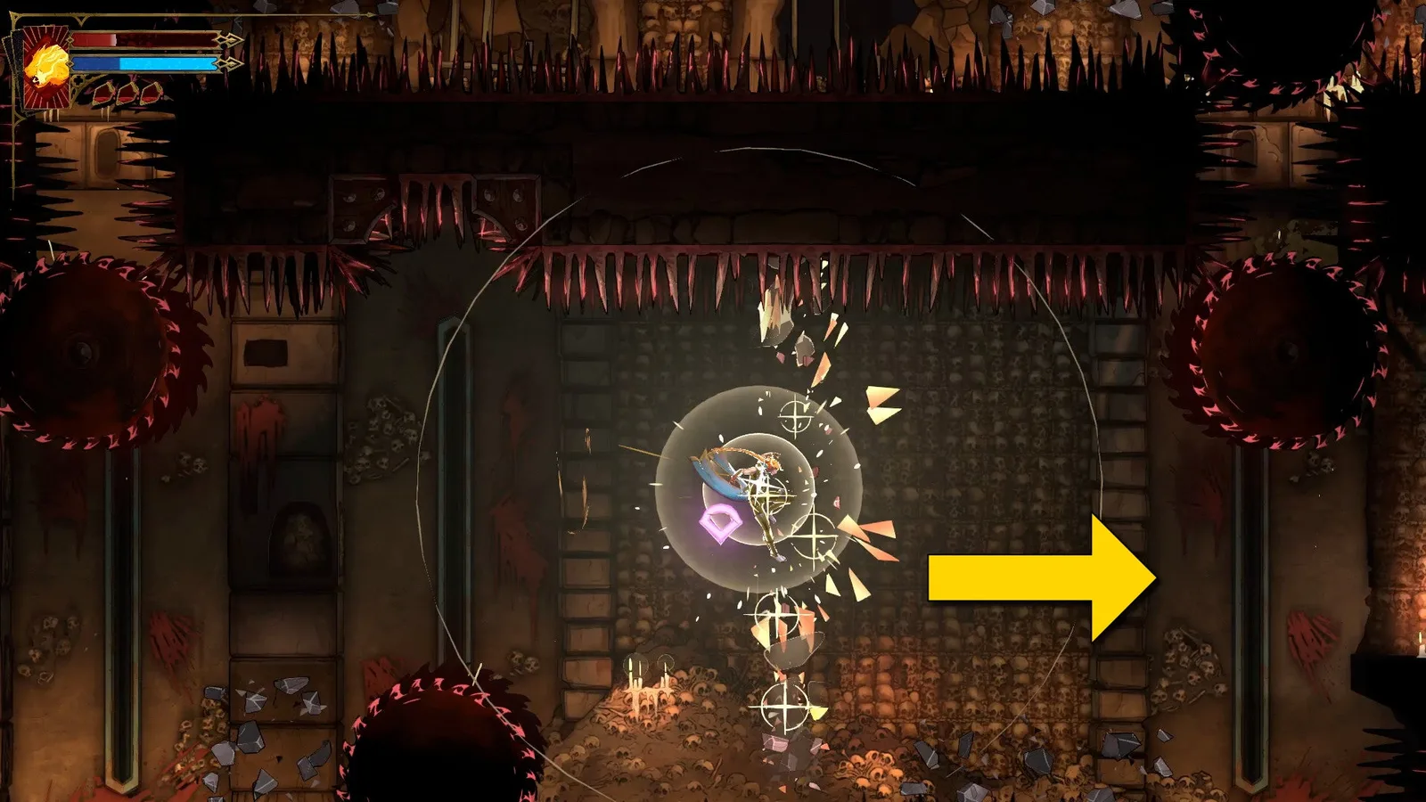 Rose uses Holy Light to pass through a wall in the midst of a spike-lined trap in Castlevania: Belmont's Curse. A yellow arrow points right.