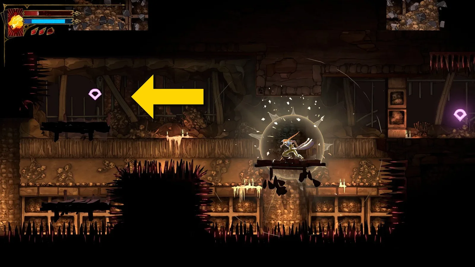 Rose stands on a platform in a spike trap in Castlevania: Belmont's Curse. A yellow arrow points to the left.