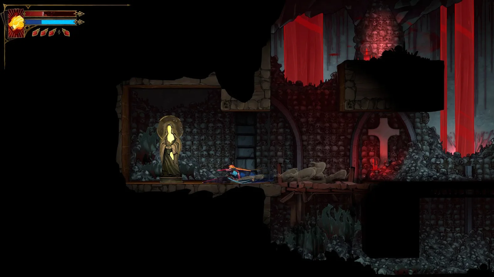 Rose runs towards a Virgin Mary Statue in the Catacombs of Castlevania: Belmont's Curse.