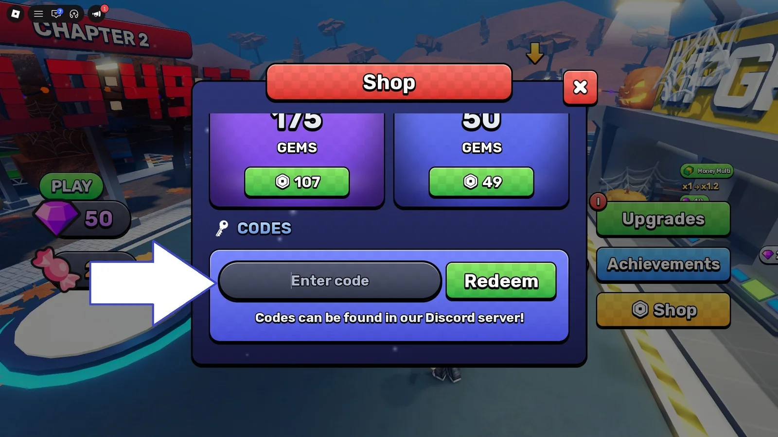 A screenshot of Sell Fries in Roblox showing the game's codes field.