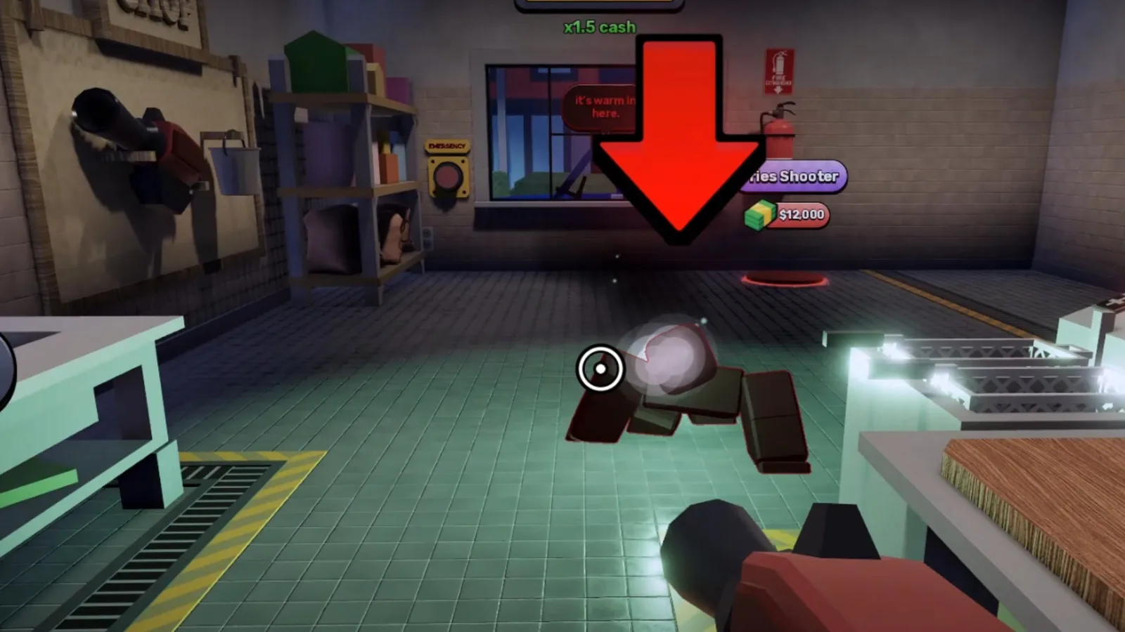 A screenshot from Sell Fries on Roblox, showing an Anomaly crawling across the floor towards the player.
