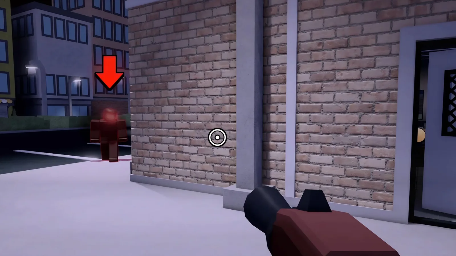 A screenshot from Sell Fries on Roblox, showing an entity stalking the player from around the corner.